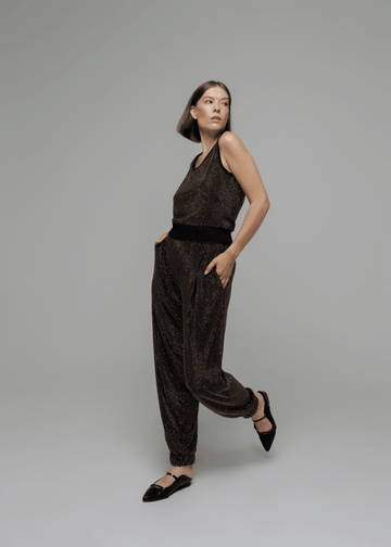 Exquisite detail of Crystal Harem Pants showcasing the fine craftsmanship and elegant design characteristic of Axinia Collection 's luxury collection.