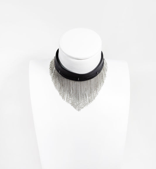 Exquisite detail of Short Leather Chocker with Chains showcasing the fine craftsmanship and elegant design characteristic of Axinia Collection 's luxury collection.