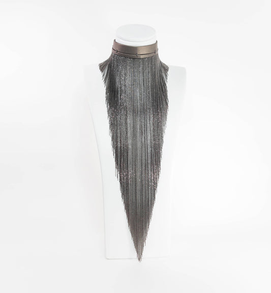 Exquisite detail of Long Leather Chocker with Chains showcasing the fine craftsmanship and elegant design characteristic of Axinia Collection 's luxury collection.