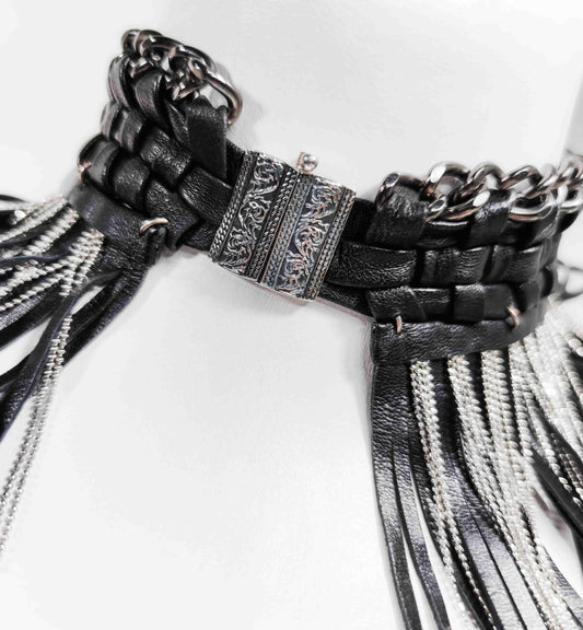 Long Braided Leather Chocker with Leather Fringe and Chains