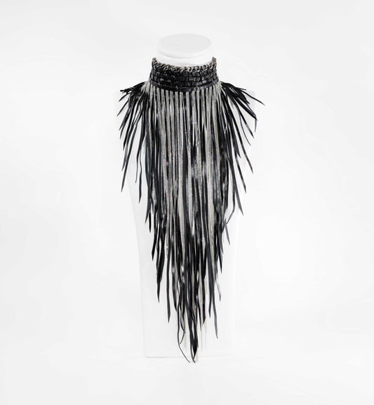 Long Braided Leather Chocker with Leather Fringe and Chains