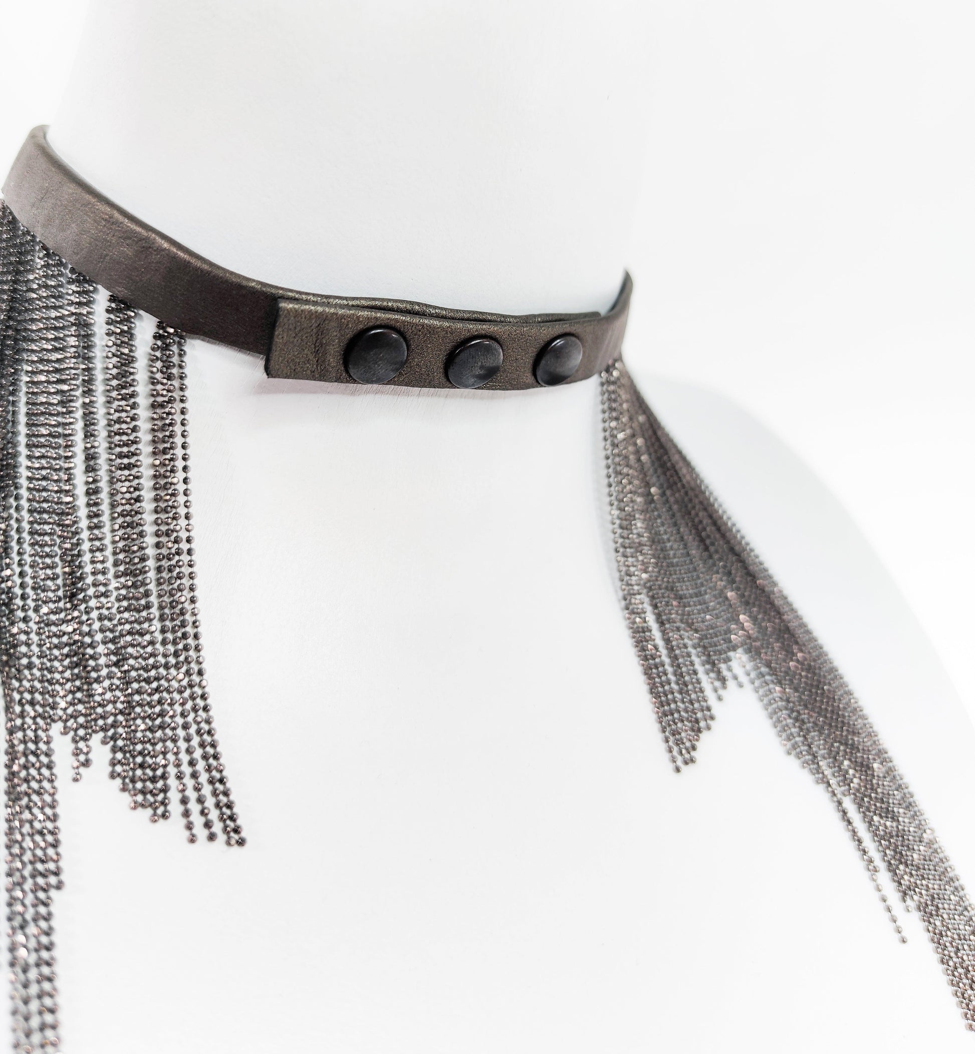 Exquisite detail of Axinia Long Leather Chocker with Chains showcasing the fine craftsmanship and elegant design characteristic of Axinia Collection 's luxury collection.