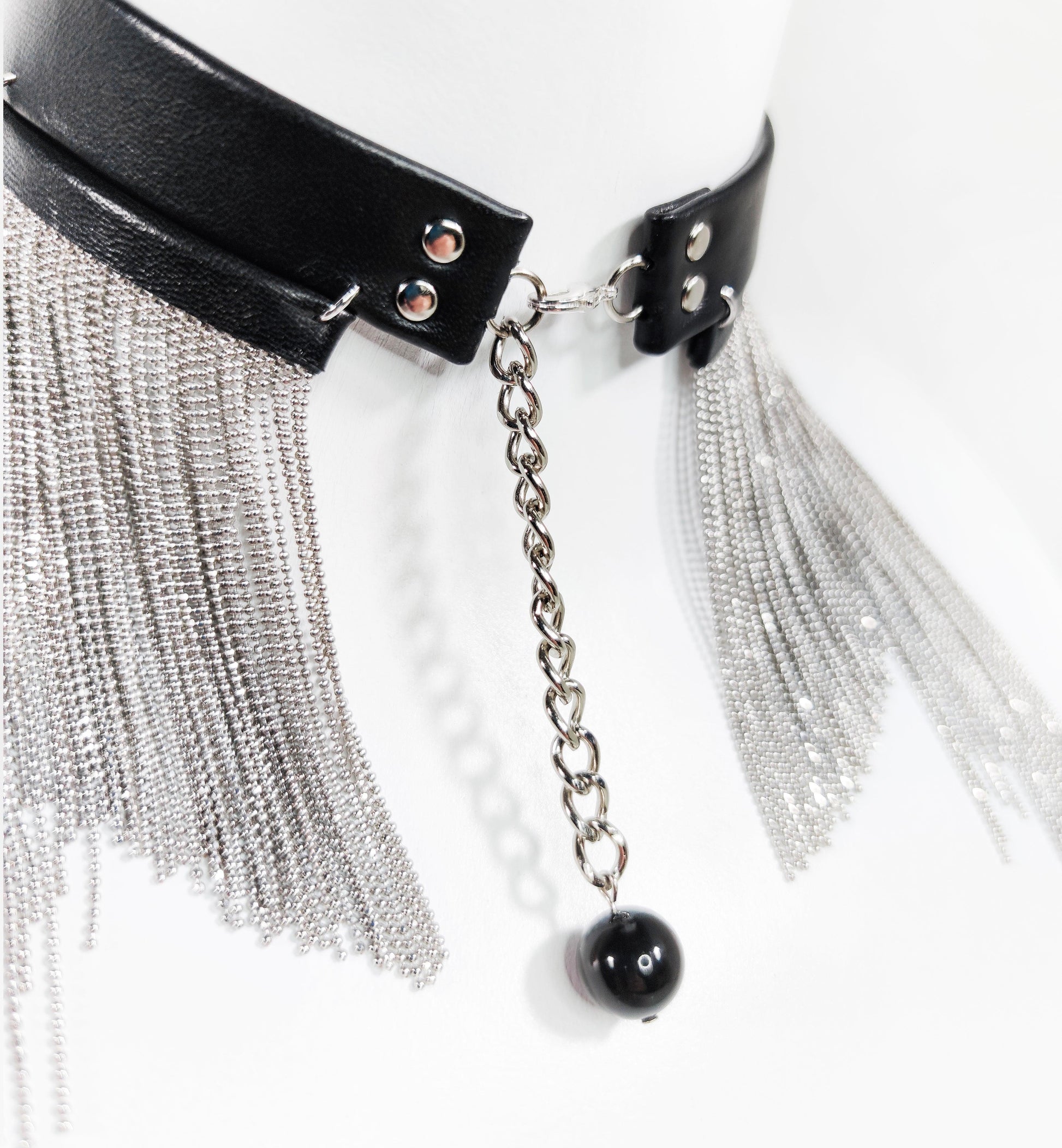 Exquisite detail of Axinia Long Leather Chocker with Chains showcasing the fine craftsmanship and elegant design characteristic of Axinia Collection 's luxury collection.
