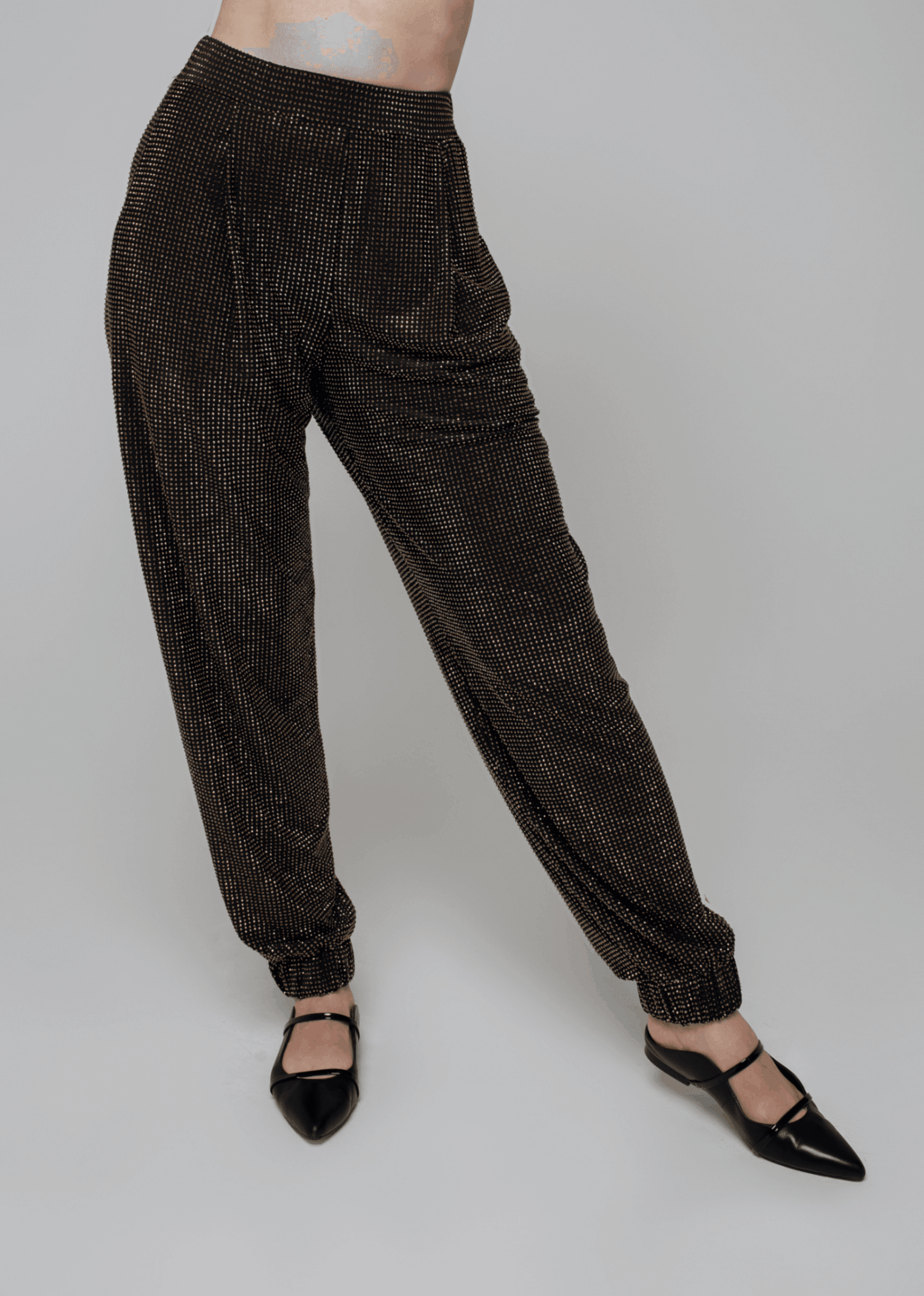 Exquisite detail of Axinia Crystal Harem Pants showcasing the fine craftsmanship and elegant design characteristic of Axinia Collection 's luxury collection.