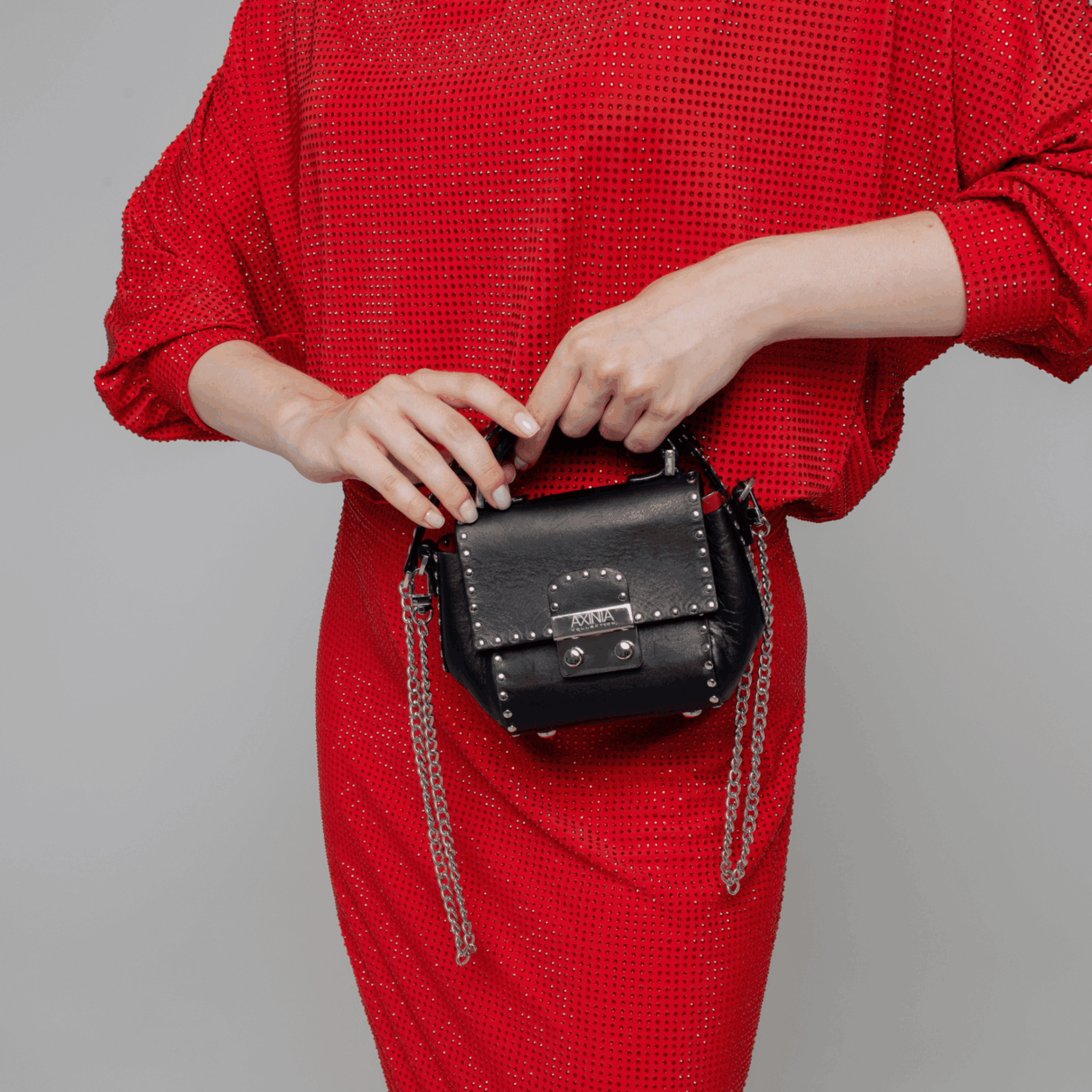 Exquisite detail of Axinia Mini Bag Riveted showcasing the fine craftsmanship and elegant design characteristic of Axinia Collection 's luxury collection.