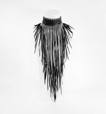 Axinia Long Braided Leather Chocker with Leather Fringe and Chains